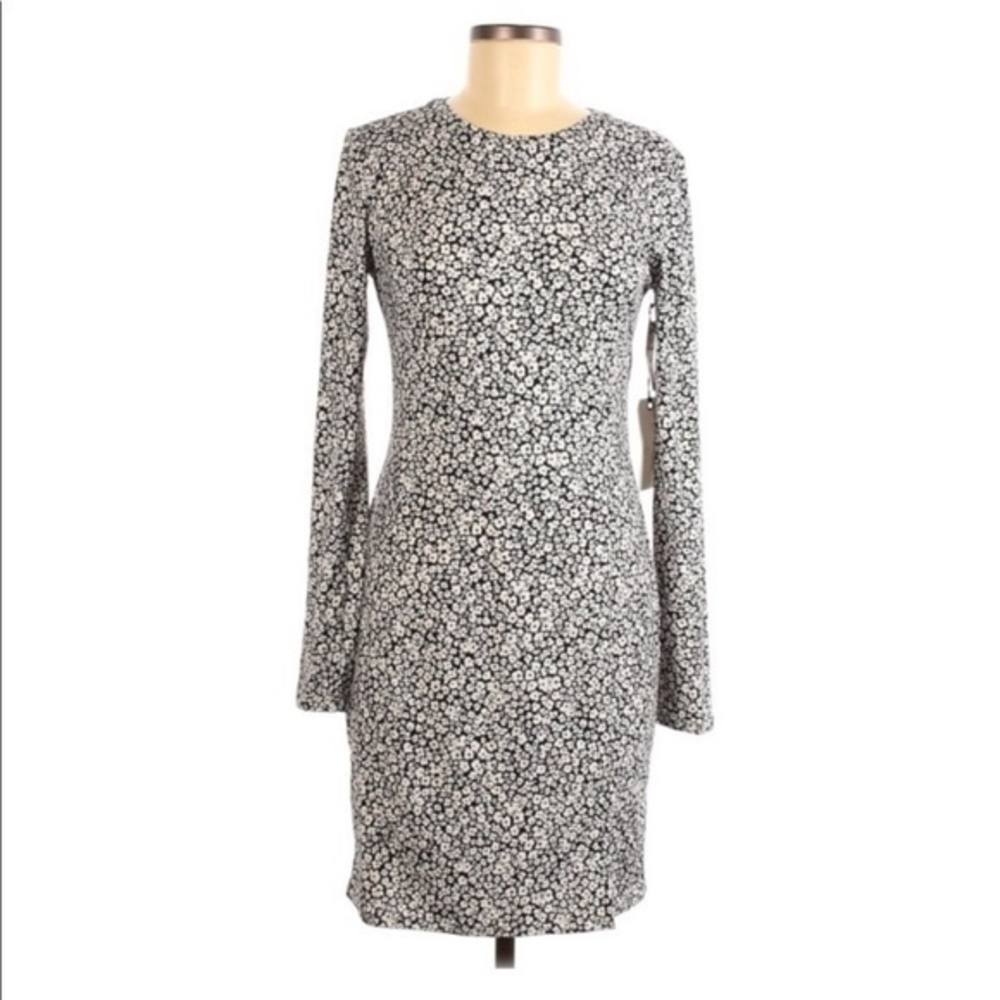 NWT‎ Leith XS black/white dress floral crew neck long sleeve stretch dress